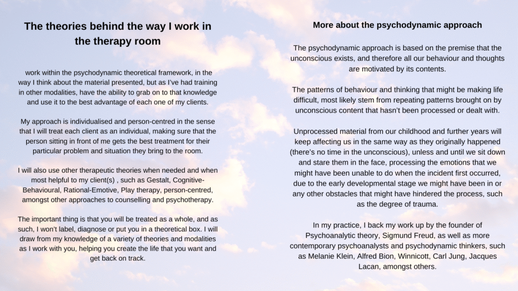 The theories behind the way I work in the therapy room.
The Psychodynamic approach.